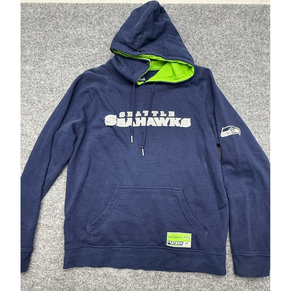 Majestic Seattle Seahawks Navy Blue Neon Green Hooded Sweatshirt Mens Medium